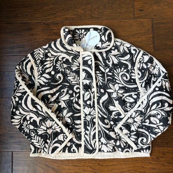 NWT Storia Quilted Jacket Sz M Paisley Printed Black Beige Grannycore - Picture 2 of 11